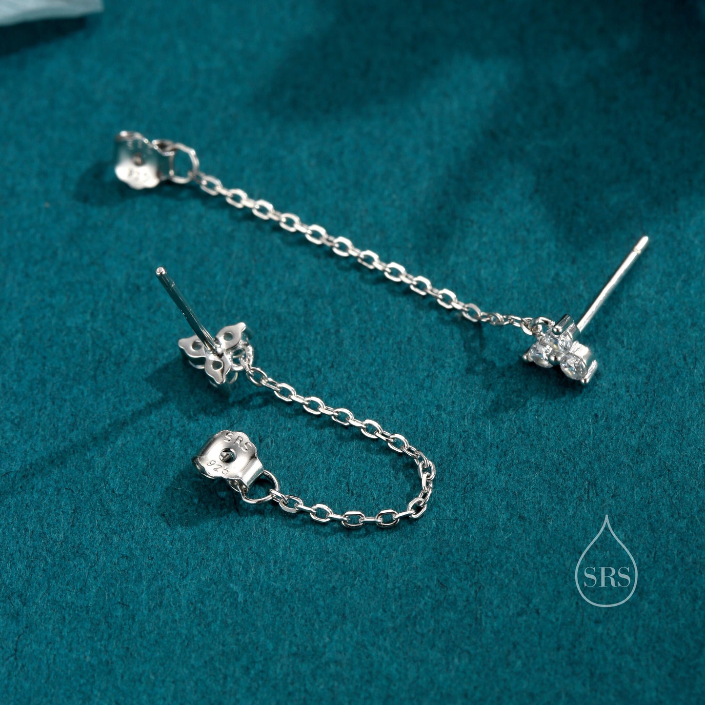 Tiny Three Dot Trio Chain Earrings in Sterling Silver, Silver or Gold, Trinity Three CZ Ear Jacket, CZ Jacket Earrings