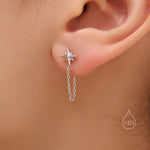Starburst Dangle Chain Stud Earrings in Sterling Silver, Silver, Gold or Rose Gold, North Star Earrings, Star Ear Jacket, Star Earrings