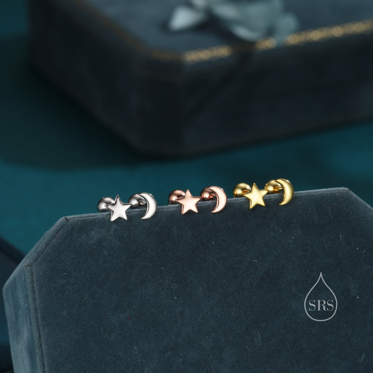 Mismatched Moon and Star 18G Screw Back in Sterling Silver