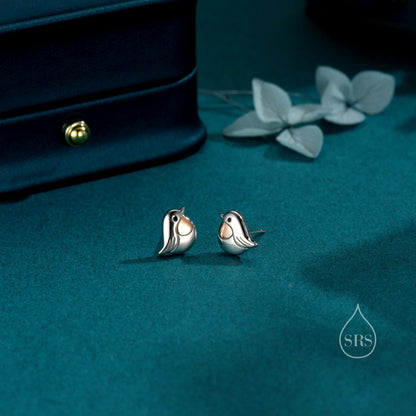 Tiny Robin Bird Stud Earrings in Sterling Silver, Two Tone Coating, British Bird Earrings, Nature Inspired Animal Earrings