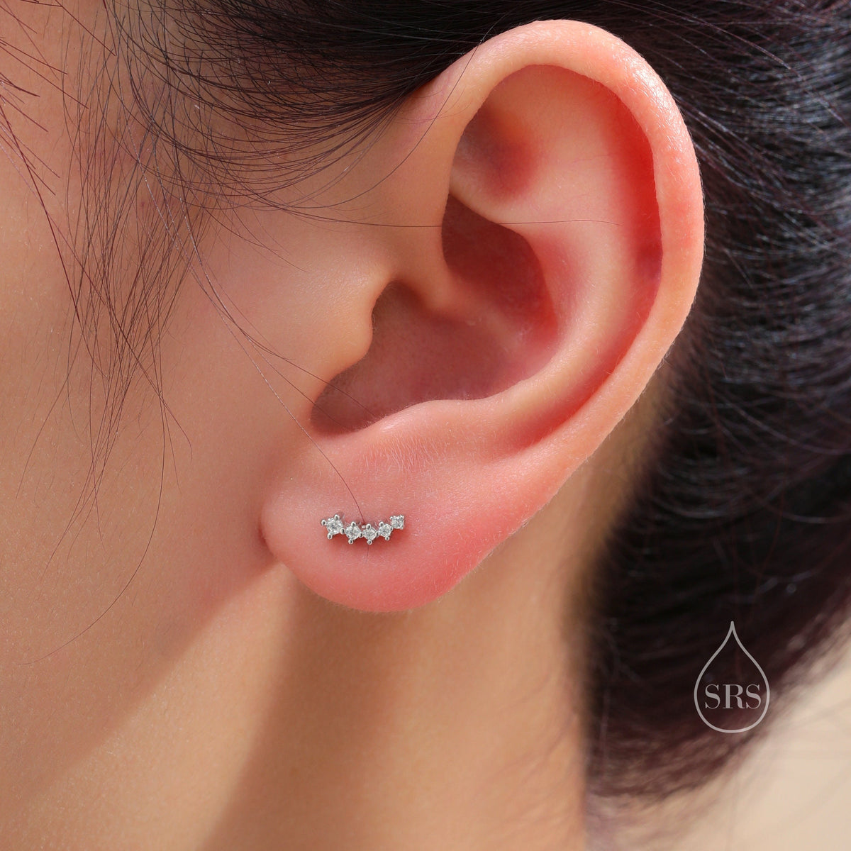 Extra Tiny Shooting Star CZ Stud Earrings in Sterling Silver, Silver or Gold, Curved CZ Bar Earrings, Stacking Earrings