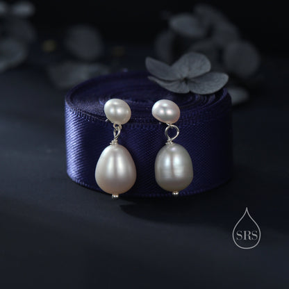 Genuine Freshwater Pearl Drop Earrings in Sterling Silver, Silver or Gold, Delicate Double Pearl Earrings, Double Pearl Stud Dangle Earrings