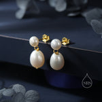 Genuine Freshwater Pearl Drop Earrings in Sterling Silver, Silver or Gold, Delicate Double Pearl Earrings, Double Pearl Stud Dangle Earrings