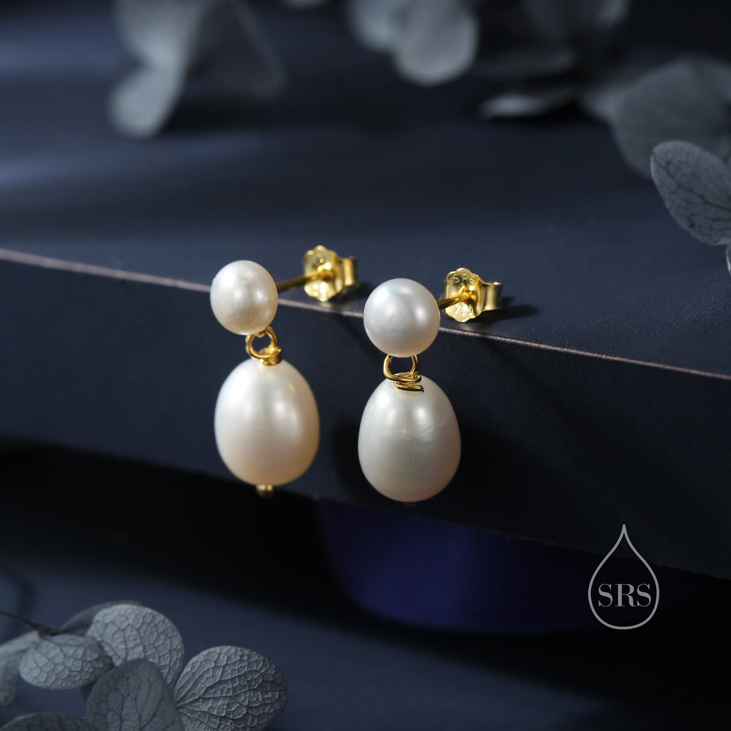 Genuine Freshwater Pearl Drop Earrings in Sterling Silver, Silver or Gold, Delicate Double Pearl Earrings, Double Pearl Stud Dangle Earrings