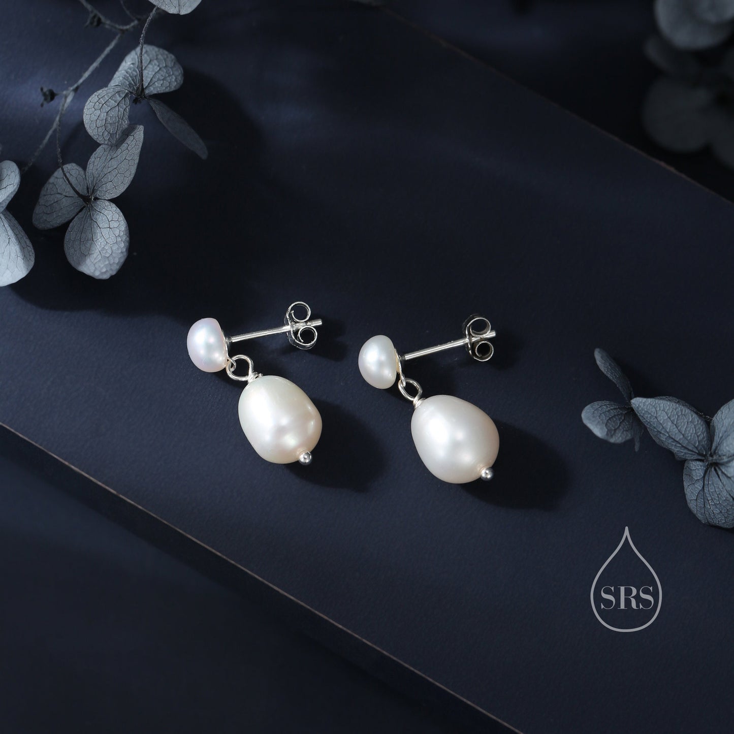 Genuine Freshwater Pearl Drop Earrings in Sterling Silver, Silver or Gold, Delicate Double Pearl Earrings, Double Pearl Stud Dangle Earrings