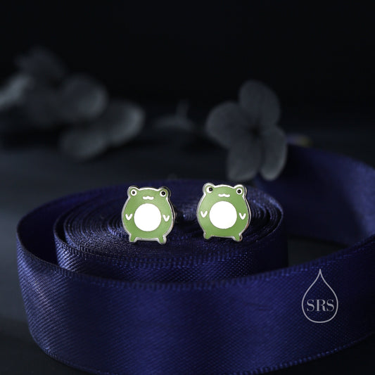 Cute Enamel Frog Stud Earrings in Sterling Silver, Kawaii Frog Earrings,  Forest Frog Nature Inspired