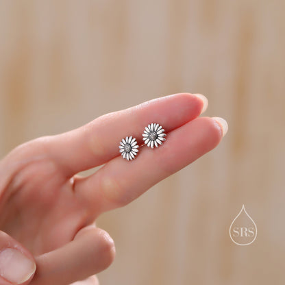 Daisy Flower Stud Earrings in Sterling Silver, Two Finished Available Silver Daisy Earrings, Silver Daisy Blossom Earrings, Oxidised Silver