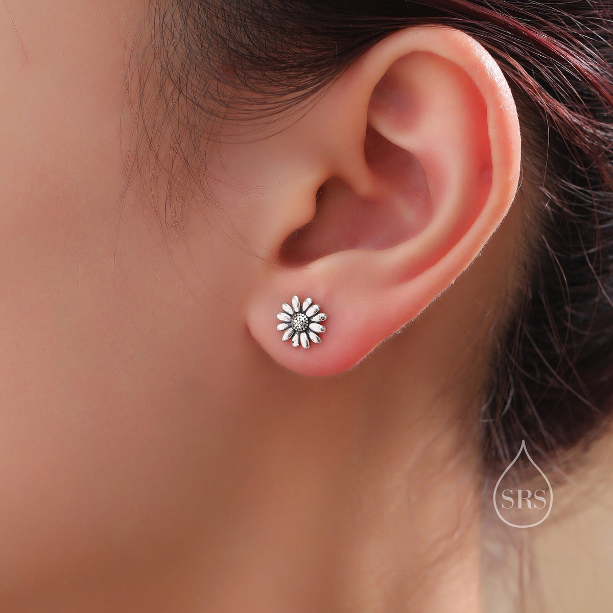 Mismatched Ladybird and Daisy Flower Stud Earrings in Sterling Silver, Silver ladybird Earrings, Asymmetric Nature Inspired Earrings