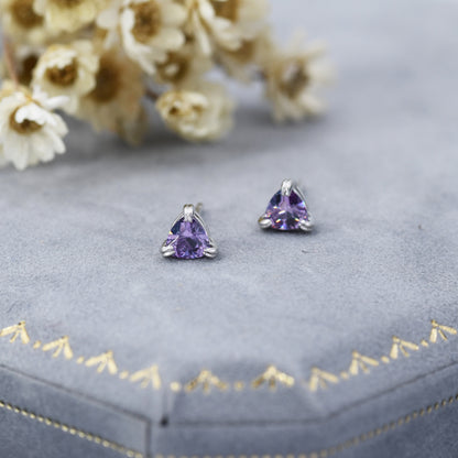 Tiny Trillion Cut Amethyst Purple CZ Stud Earrings in Sterling Silver,  Trillion Cut Purple Zirconia Earrings, Double Pronged, Tiny CZ Stud