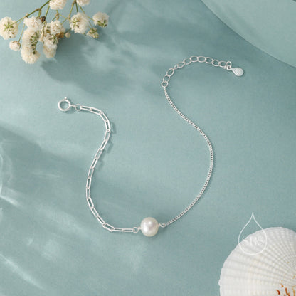 Sterling Silver Natural Pearl Bracelet, Single Genuine Pearl Bracelet, Mixed Chain Freshwater Pearl Bracelet, Silver or Gold