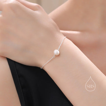 Sterling Silver Natural Pearl Bracelet with a Satellite Chain, Single Genuine Pearl Bracelet, Freshwater Pearl Bracelet, Silver or Gold