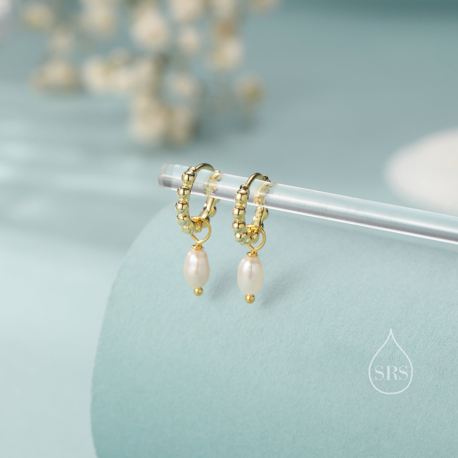 Natural Freshwater Pearl Pebble Huggie Hoop Earrings in Sterling Silver, Simple Pearl Dotted Dangle Earrings, Silver or Gold or Rose Gold