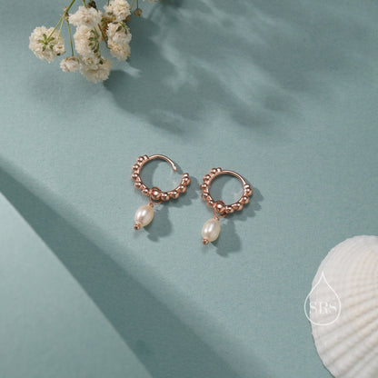 Natural Freshwater Pearl Pebble Huggie Hoop Earrings in Sterling Silver, Simple Pearl Dotted Dangle Earrings, Silver or Gold or Rose Gold