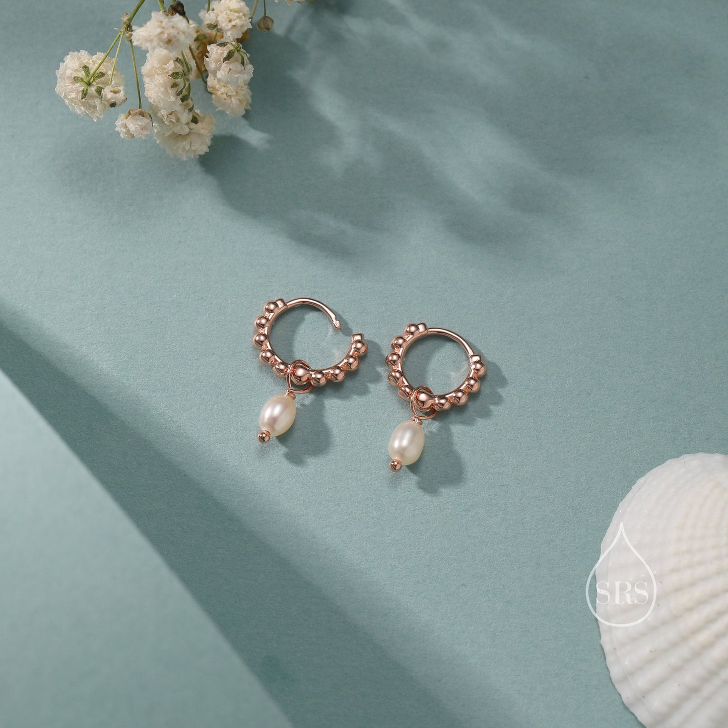 Natural Freshwater Pearl Pebble Huggie Hoop Earrings in Sterling Silver,  Simple Pearl Dotted Dangle Earrings, Silver or Gold or Rose Gold