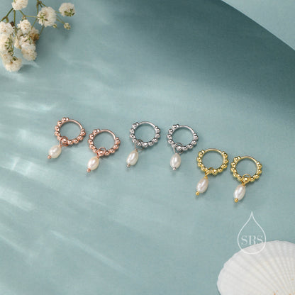 Natural Freshwater Pearl Pebble Huggie Hoop Earrings in Sterling Silver, Simple Pearl Dotted Dangle Earrings, Silver or Gold or Rose Gold