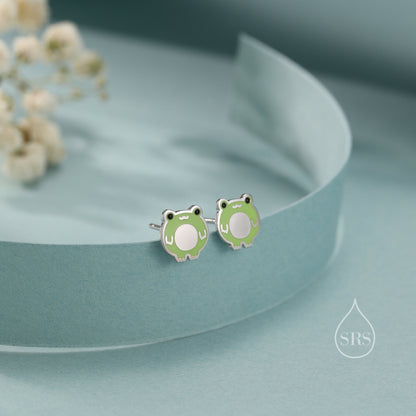 Cute Enamel Frog Stud Earrings in Sterling Silver, Kawaii Frog Earrings,  Green Frog Earrings, Nature Inspired