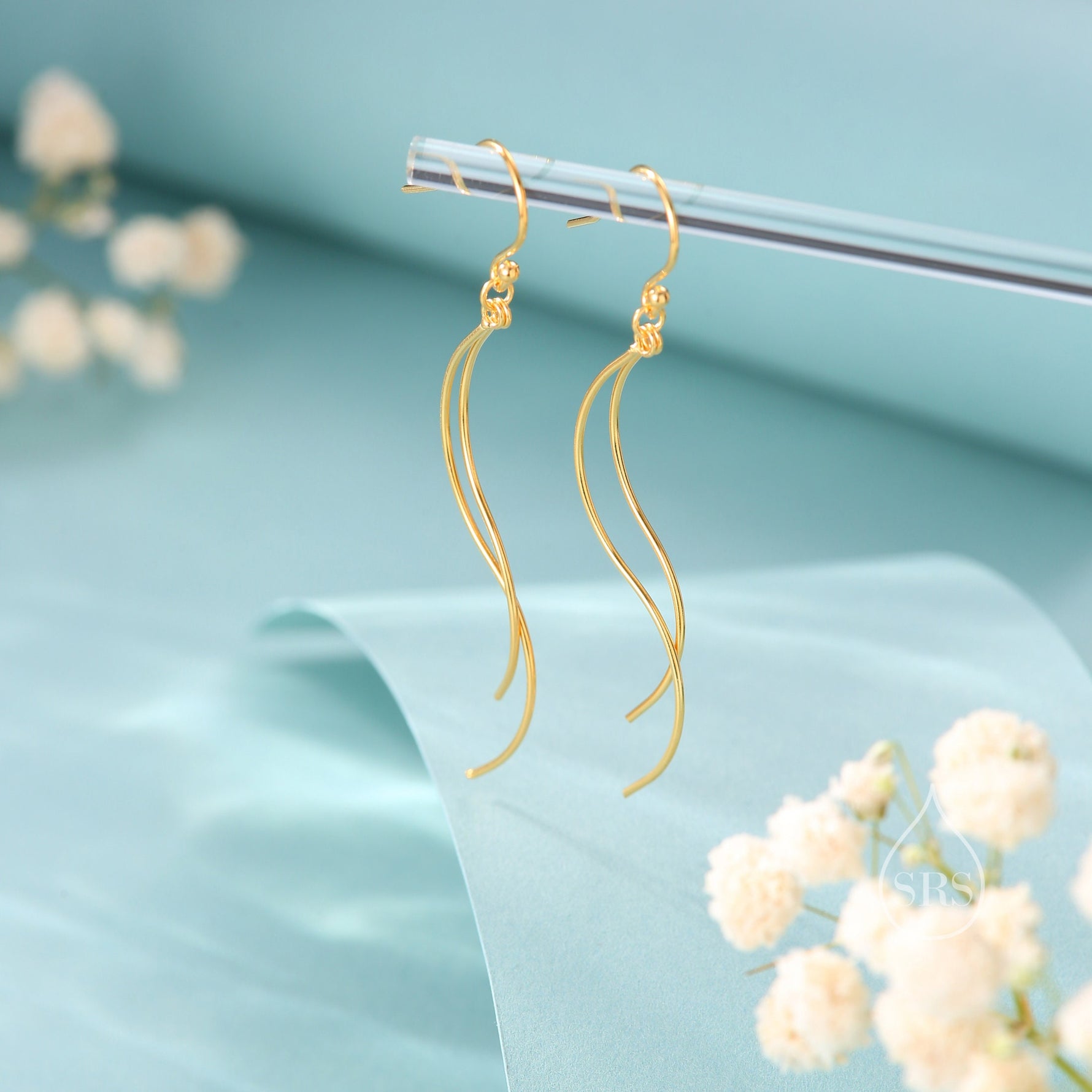 Sterling Silver Minimalist Wave Ear Wire Drop Earrings, Silver, Gold and Rose Gold, Spiral Threaders, Spiral Earrings, Wave Dangle Earrings
