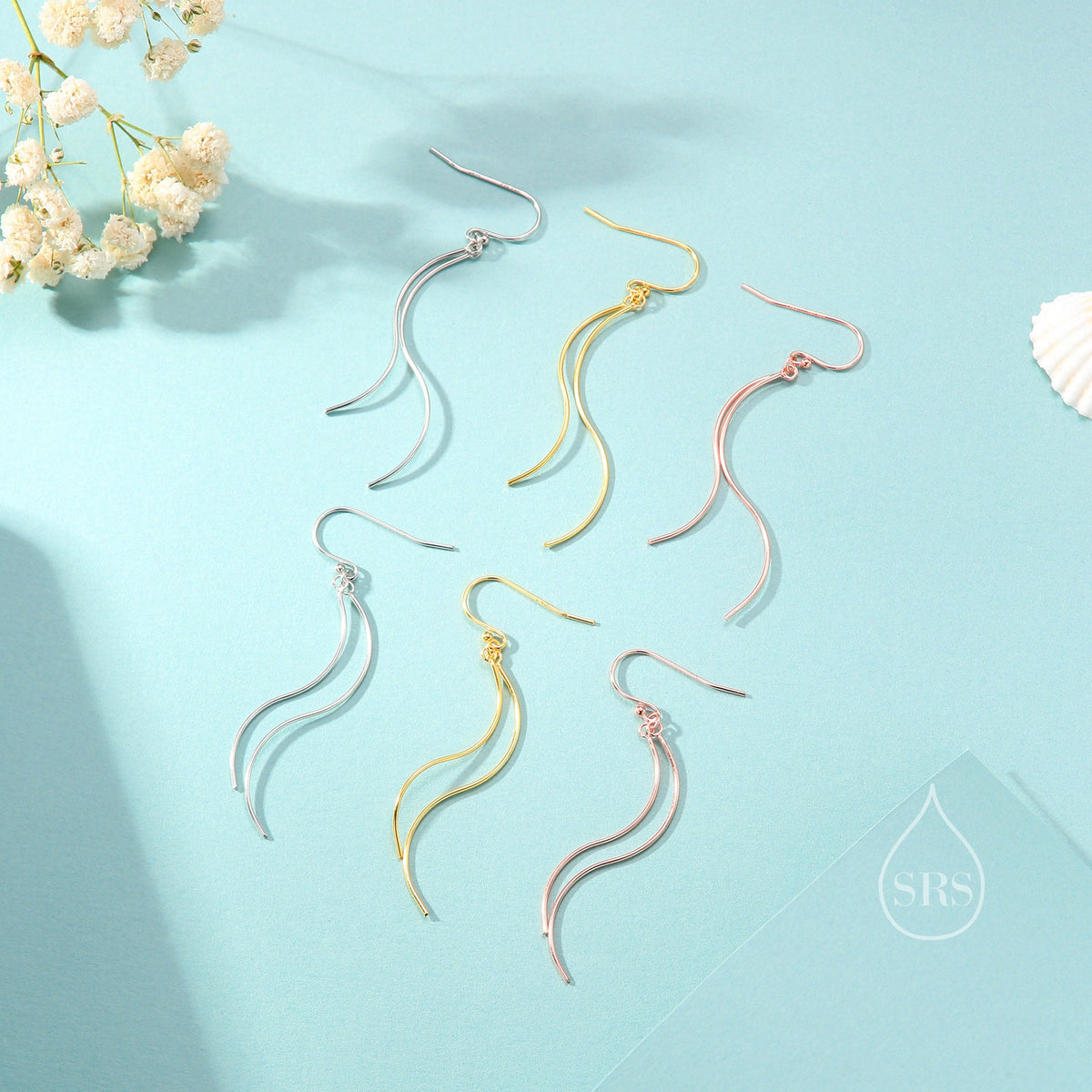Sterling Silver Minimalist Wave Ear Wire Drop Earrings, Silver, Gold and Rose Gold, Spiral Threaders, Spiral Earrings, Wave Dangle Earrings
