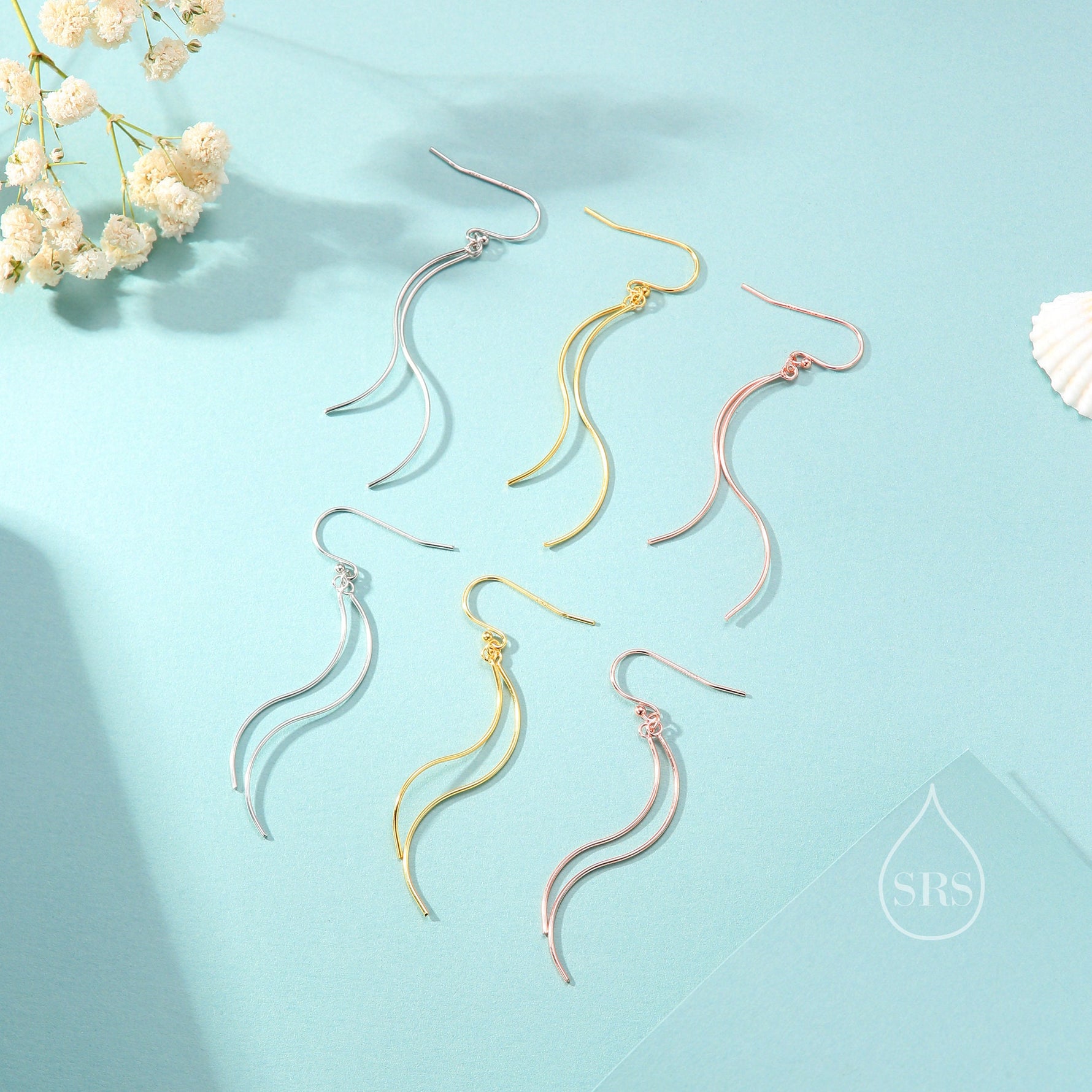Sterling Silver Minimalist Wave Ear Wire Drop Earrings, Silver, Gold and Rose Gold, Spiral Threaders, Spiral Earrings, Wave Dangle Earrings