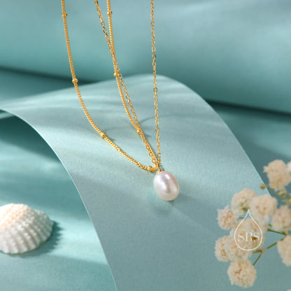 Genuine Freshwater Pearl Double Layer Pendant Necklace in Sterling Silver, Silver or Gold, Delicate Pearl Necklace, Natural Pearl Necklace