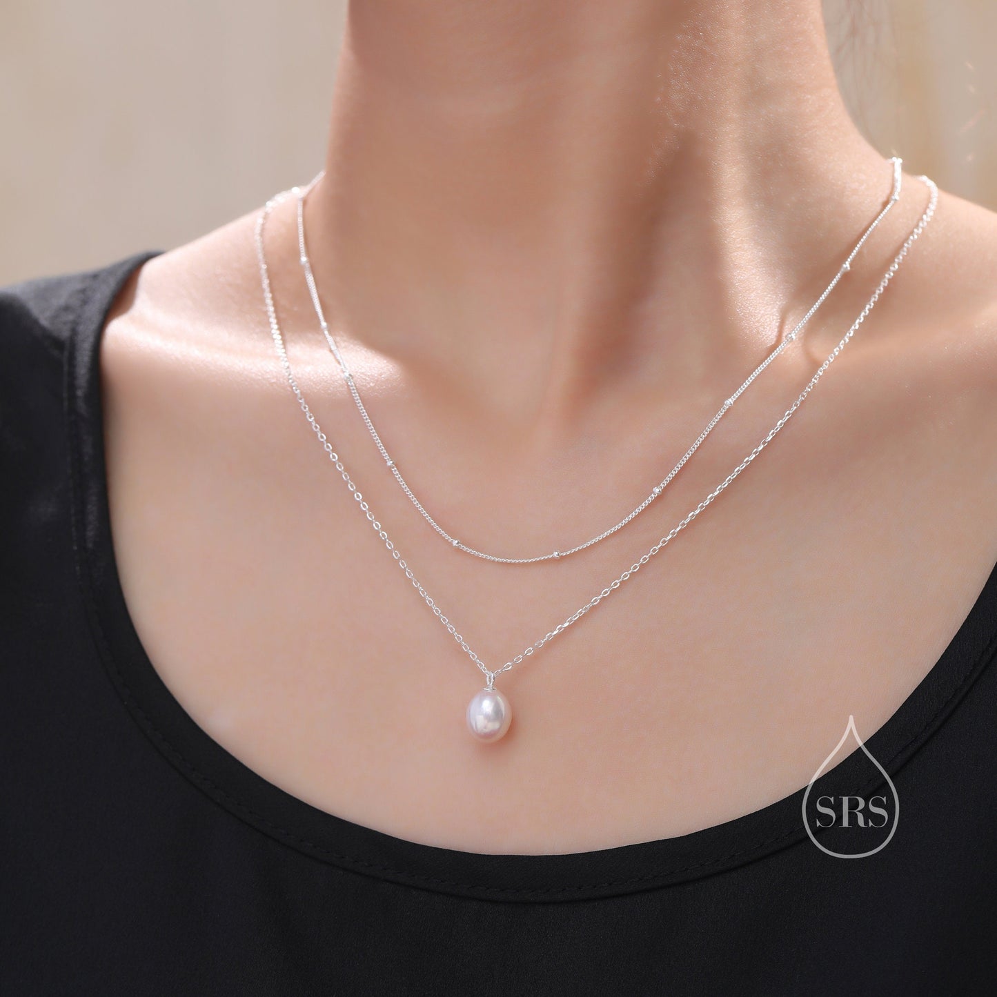 Genuine Freshwater Pearl Double Layer Pendant Necklace in Sterling Silver, Silver or Gold, Delicate Pearl Necklace, Natural Pearl Necklace