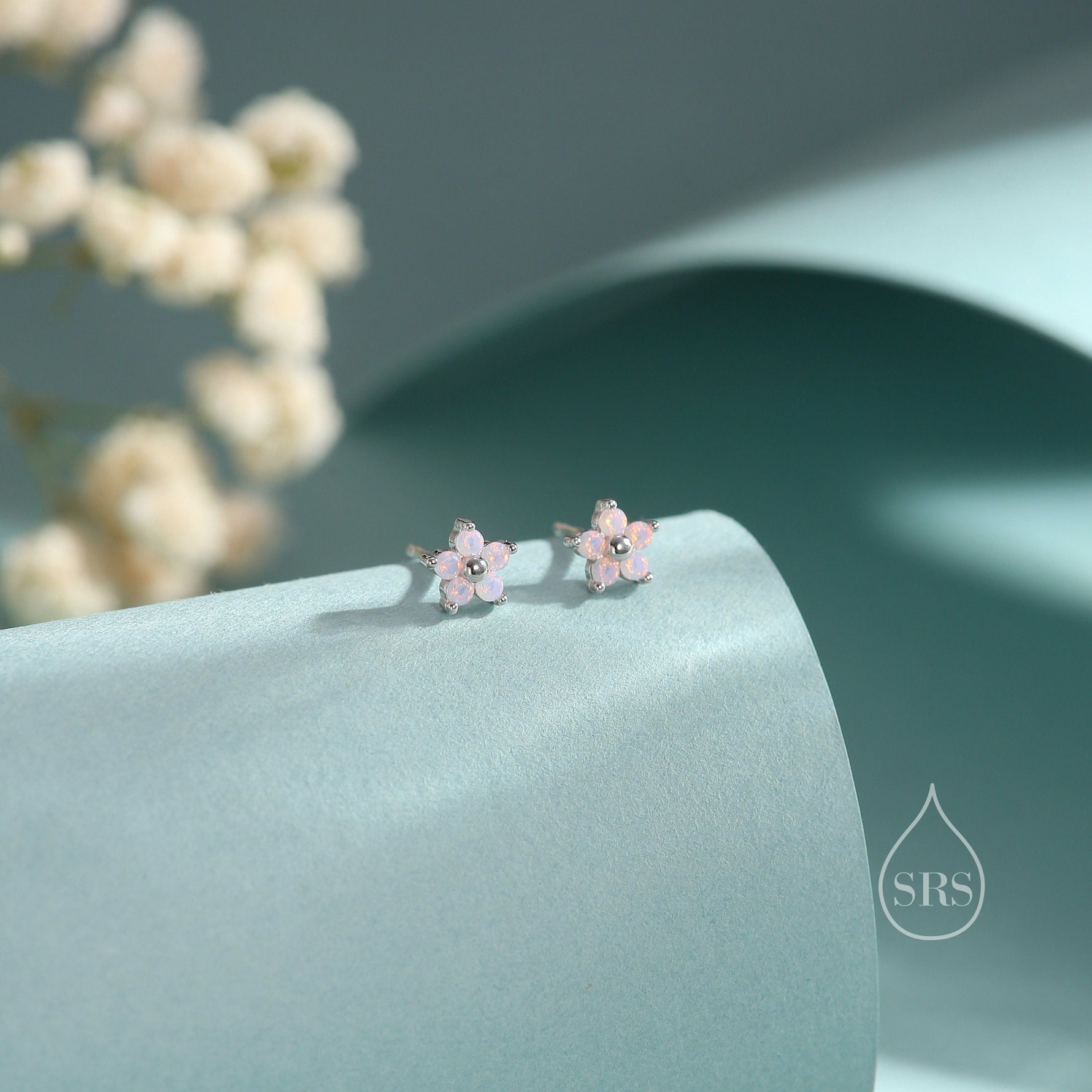 Tiny Opal Pink CZ Flower Stud Earrings in Sterling Silver, Silver or Gold, Extra Small Opal Pink Flower Earrings, Pink Flower Earrings