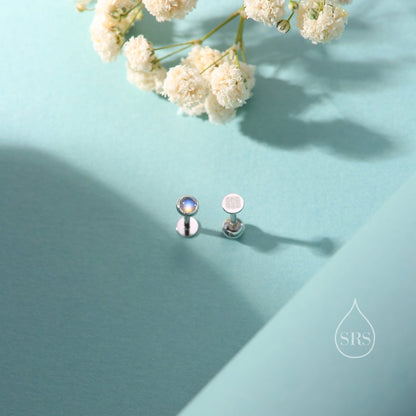 Very Tiny Moonstone Screw back(Barbell)/ Internally Threaded Flat Back/ Stud Earrings in Sterling Silver, Lab Moonstone Earrings, Piercing