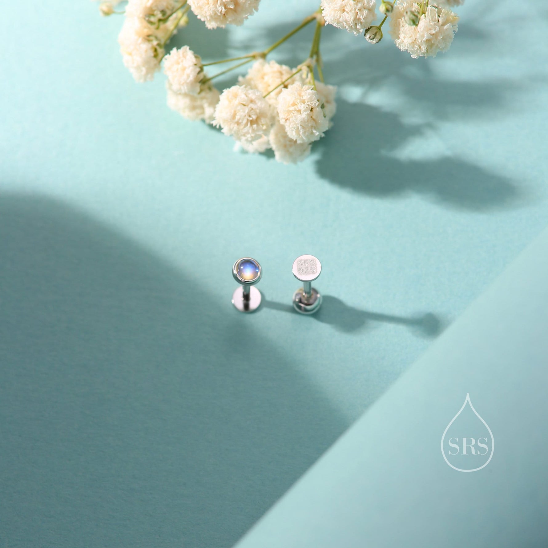Tiny Moonstone Internally Threaded Flat Back/Screw back(Barbell)/ Stud Earrings in Sterling Silver, Lab Moonstone Earrings, Piercing