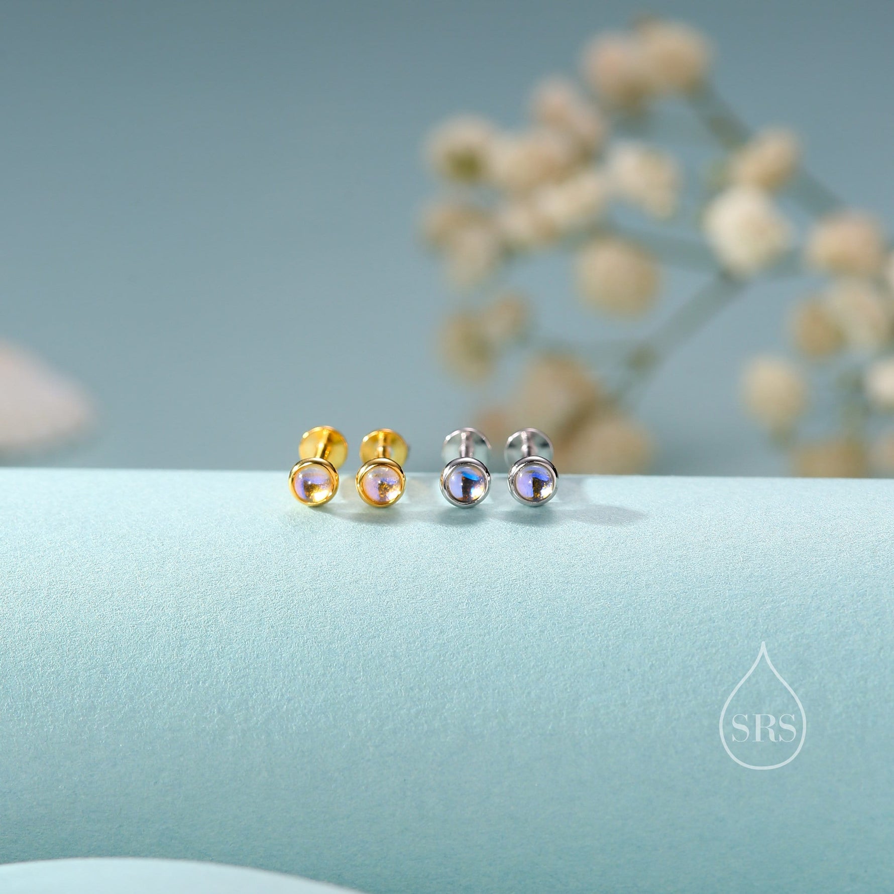 Tiny Moonstone Internally Threaded Flat Back/Screw back(Barbell)/ Stud Earrings in Sterling Silver, Lab Moonstone Earrings, Piercing