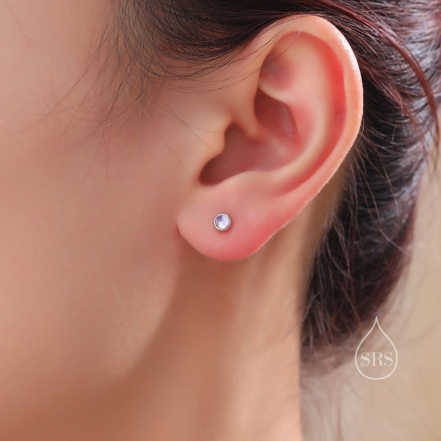 Tiny Moonstone Internally Threaded Flat Back/Screw back(Barbell)/ Stud Earrings in Sterling Silver, Lab Moonstone Earrings, Piercing
