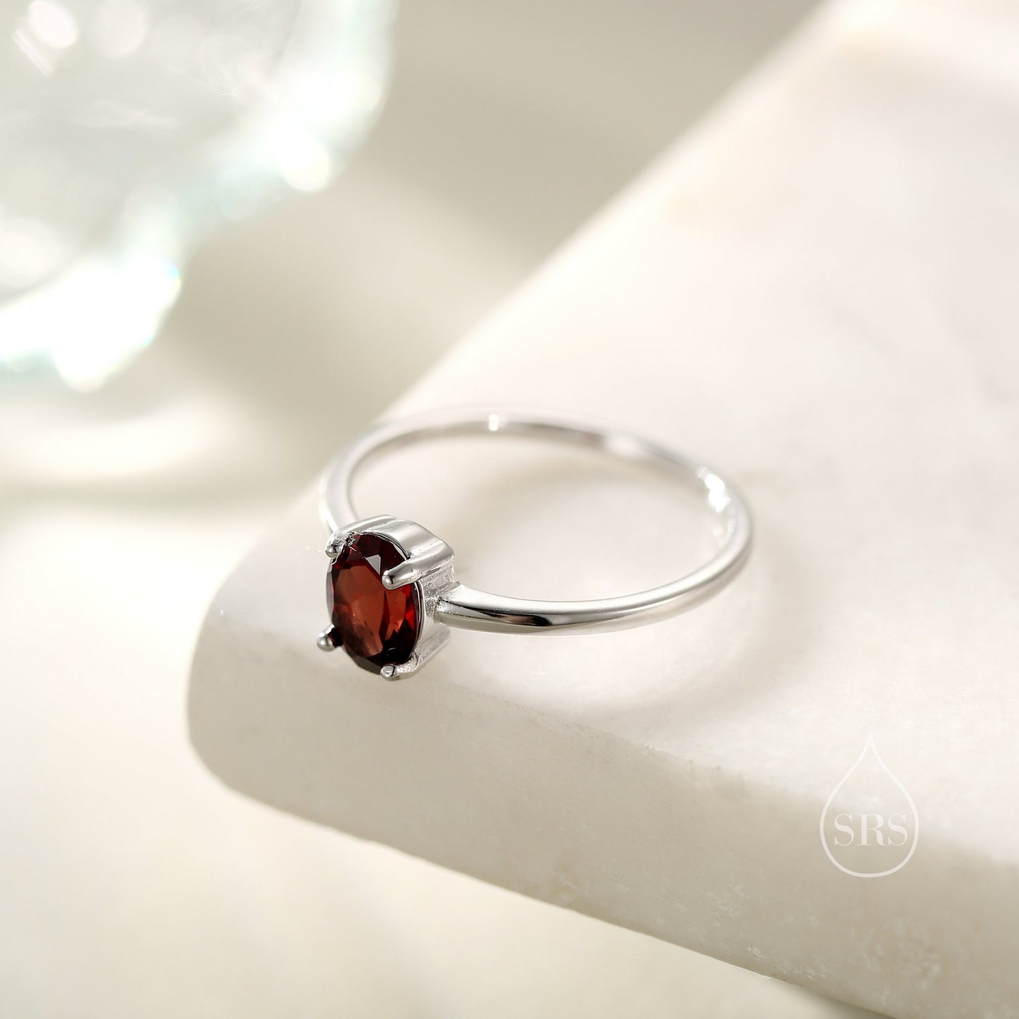 Natural 1 Carat Red Garnet Oval Ring in Sterling Silver, 5x7m, Prong Set Oval Cut,  US 5 6 7 8 Size, Genuine Garnet Ring, January Birthstone