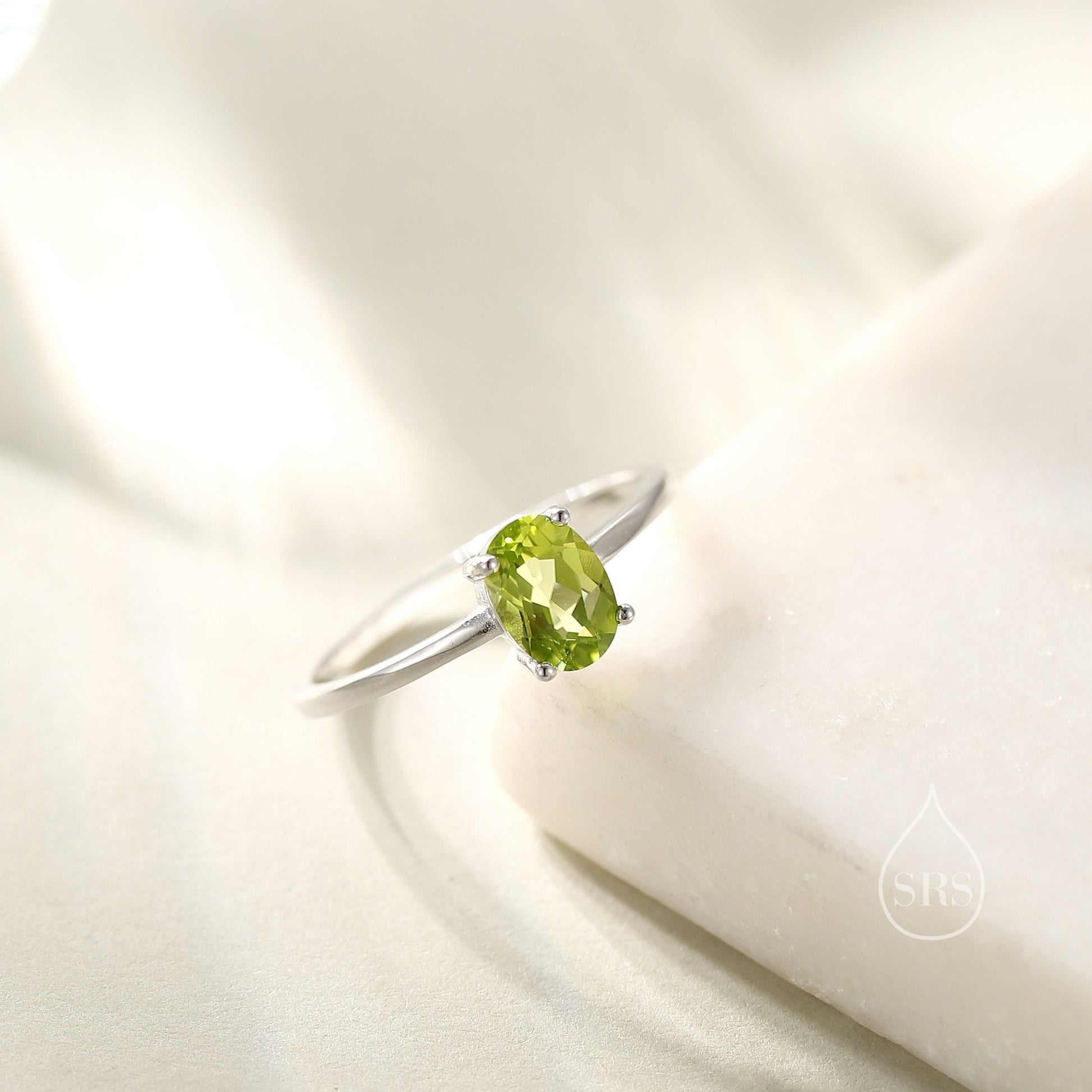 Natural 1 Carat Peridot Oval Ring in Sterling Silver, 5x7mm, Prong Set Oval Cut, US Size 5 6 7 8 , Genuine Peridot Ring, August Birthstone