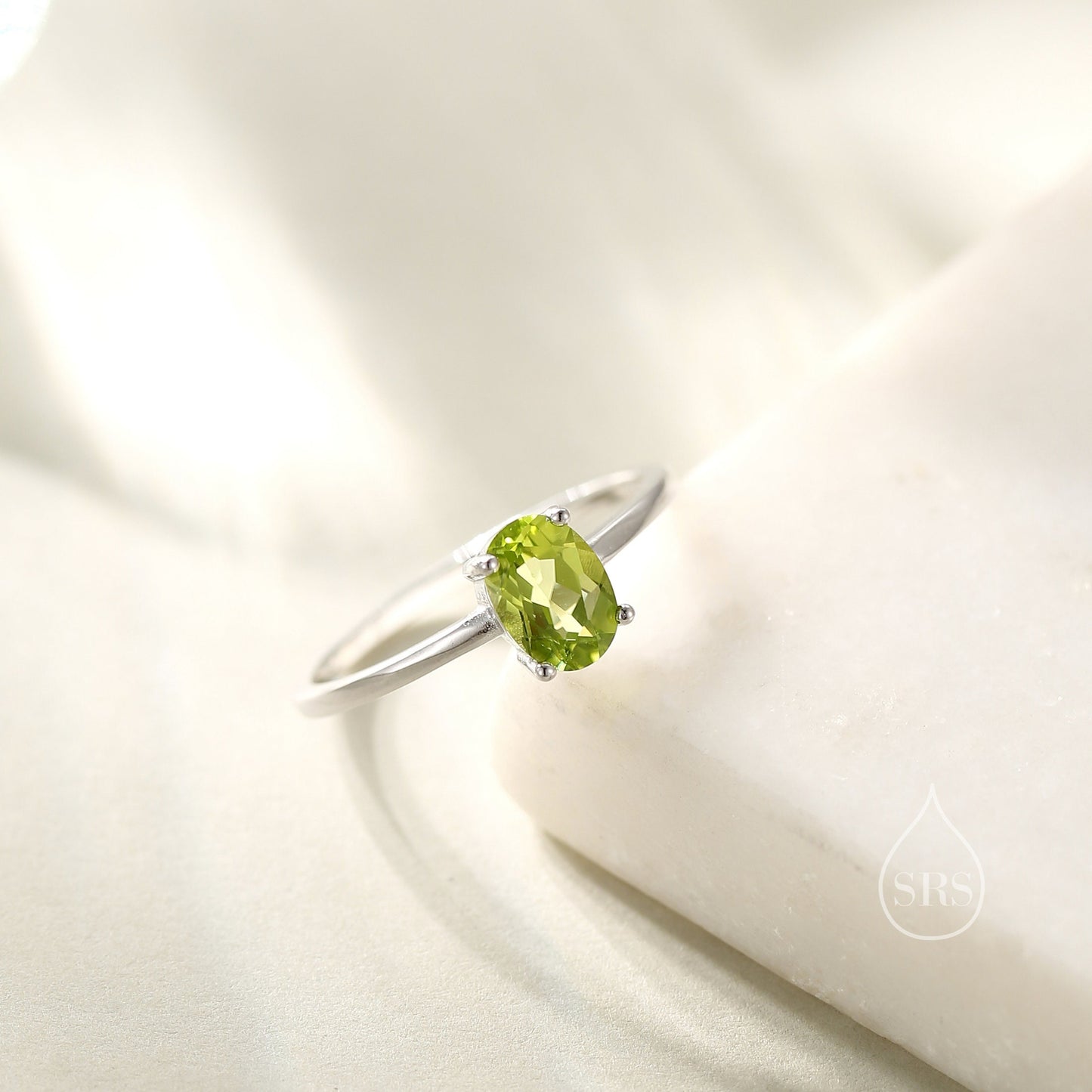 Natural 1 Carat Peridot Oval Ring in Sterling Silver,  5x7mm, Prong Set Oval Cut, US Size 5 6 7 8  , Genuine Peridot Ring, August Birthstone