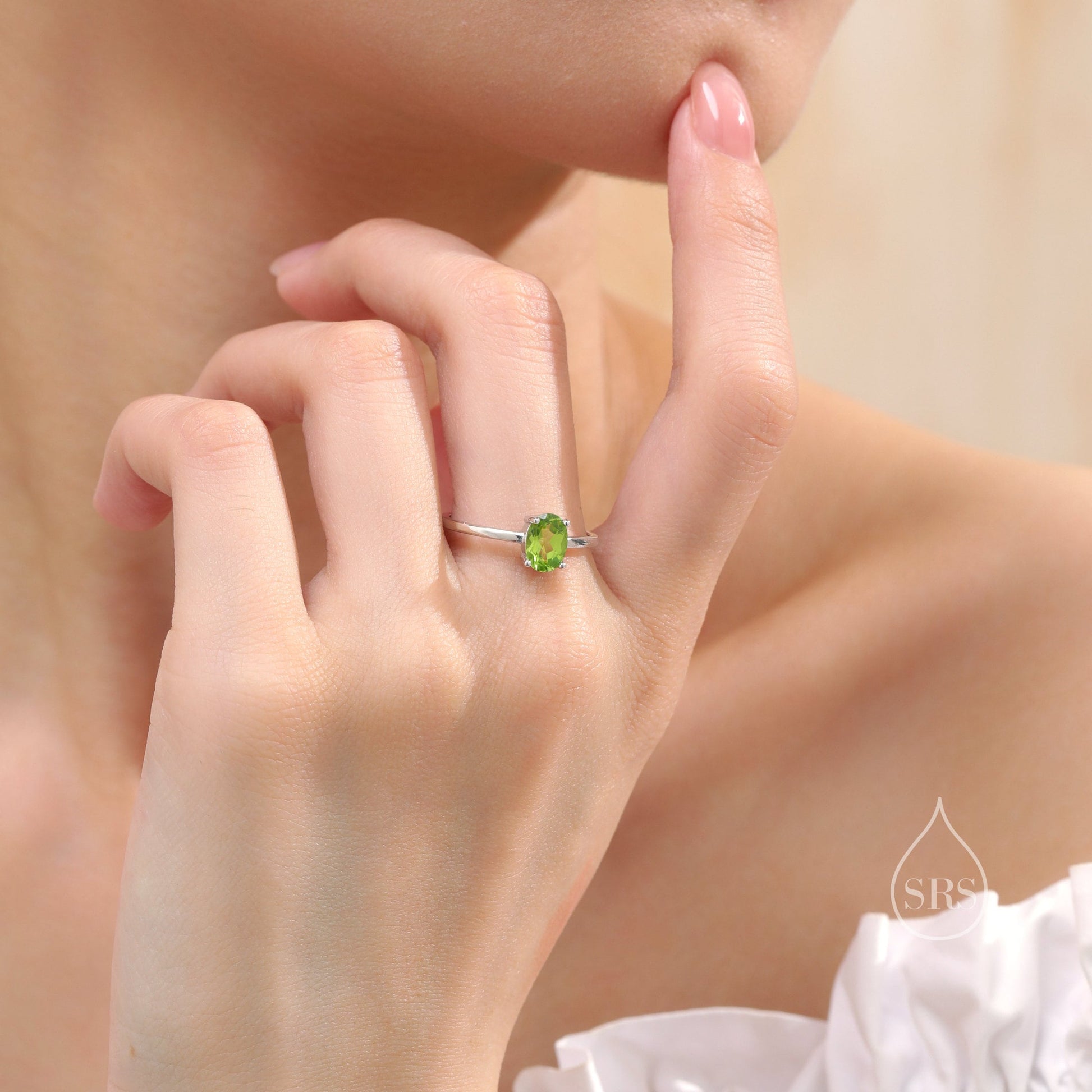 Natural 1 Carat Peridot Oval Ring in Sterling Silver, 5x7mm, Prong Set Oval Cut, US Size 5 6 7 8 , Genuine Peridot Ring, August Birthstone