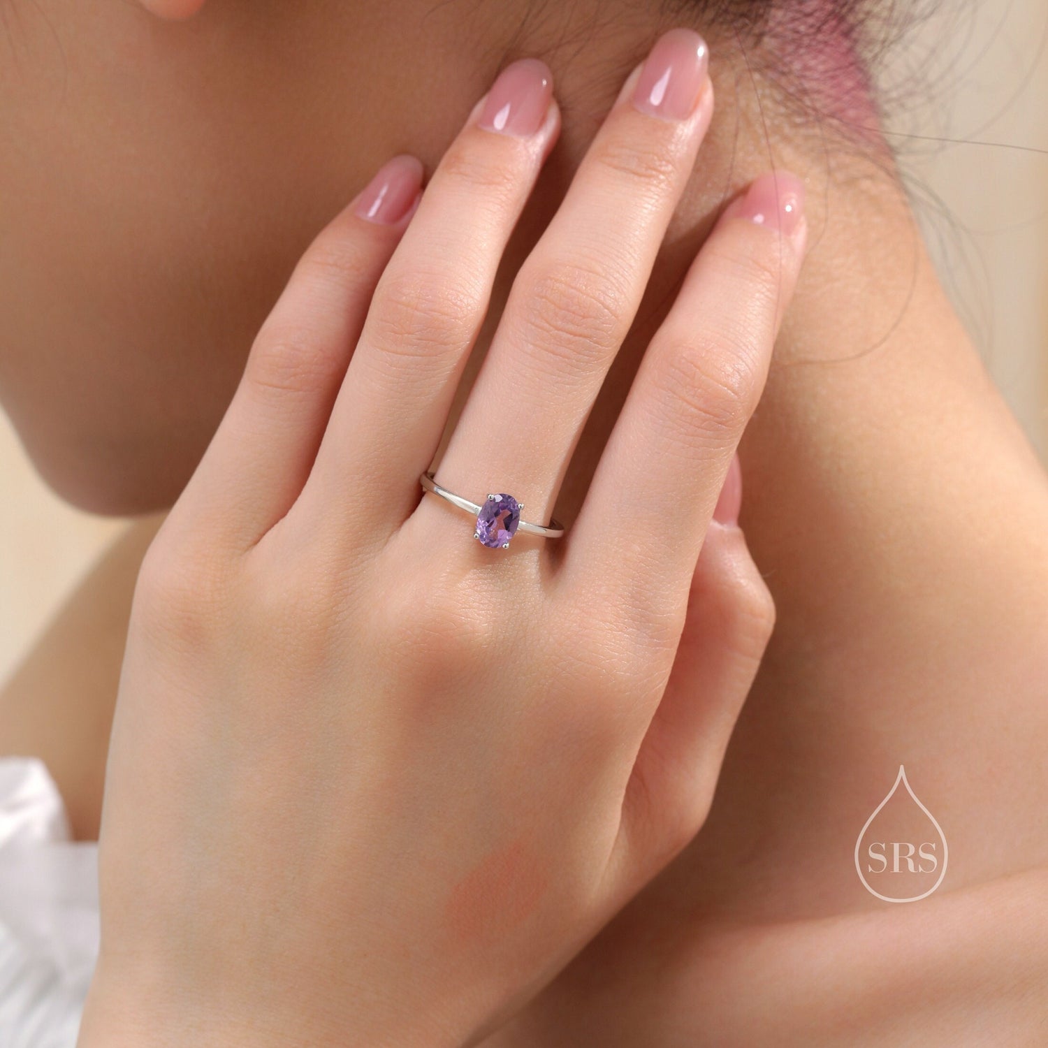 1 Carat Amethyst Prong Set Oval Cut Gemstone Ring