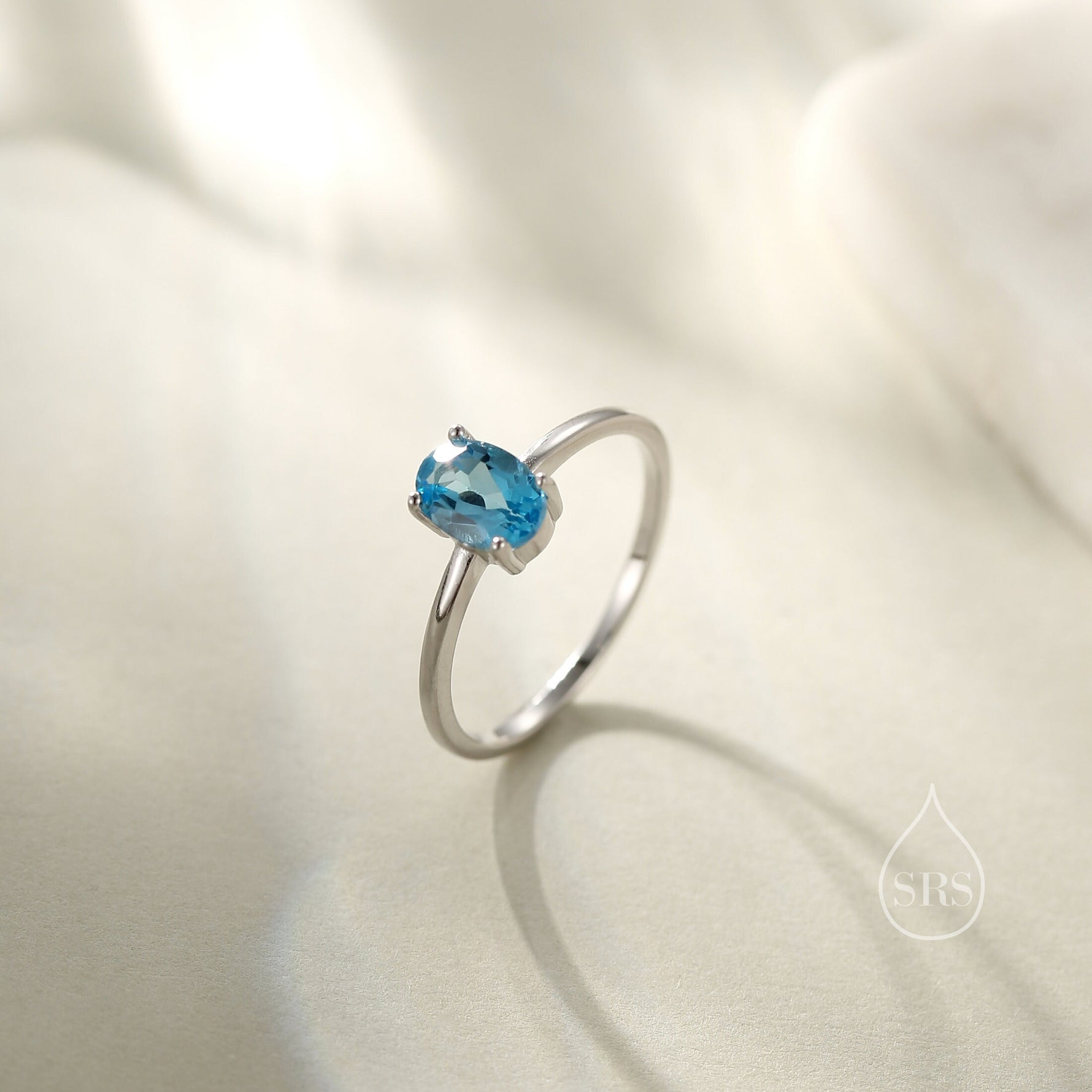 Natural 1 Carat Swiss Blue Topaz Oval Ring in Sterling Silver, 5x7mm, Prong Set Oval Cut, US Size 5 6 7 8, Genuine 1ct Blue Topaz Ring