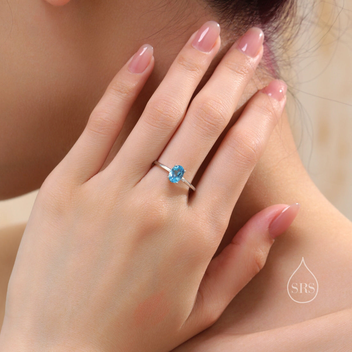 Natural 1 Carat Swiss Blue Topaz Oval Ring in Sterling Silver, 5x7mm, Prong Set Oval Cut, US Size 5 6 7 8, Genuine 1ct Blue Topaz Ring