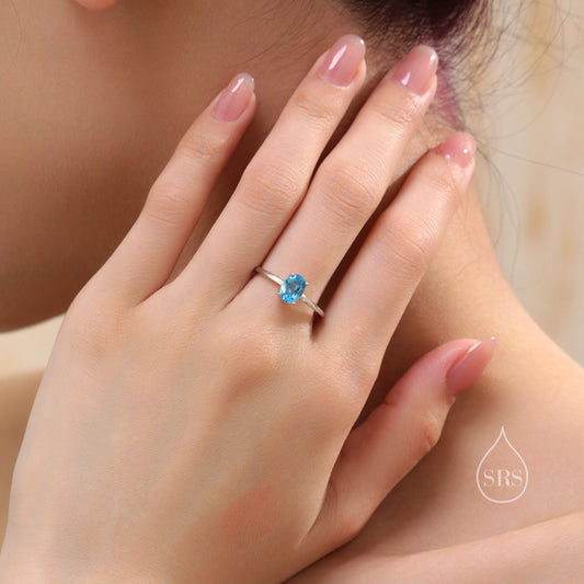 Natural 1 Carat Swiss Blue Topaz Oval Ring in Sterling Silver, 5x7mm, Prong Set Oval Cut, US Size 5 6 7 8, Genuine 1ct Blue Topaz Ring