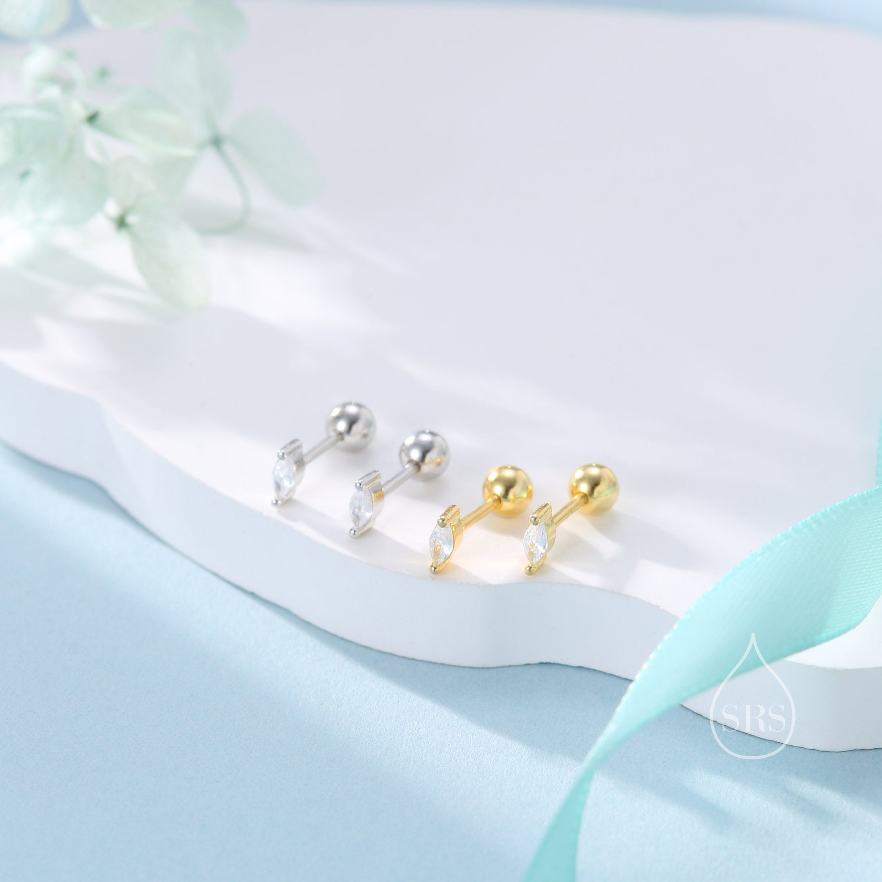 Tiny Marquise CZ Screw Back Earrings in Sterling Silver, Silver or Gold, Stacking Earrings, Barbell Earrings, Helix Earrings