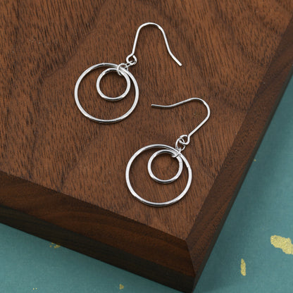 Double Circle Drop Hook Earrings in Sterling Silver, Silver or Gold, Minimalist Dangle Earrings