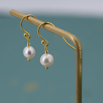 Natural Freshwater Pearl Drop Hook Earrings in Sterling Silver, Silver or Gold, 6mm Irregular Shaped Round Pearl Earrings, Minimalist