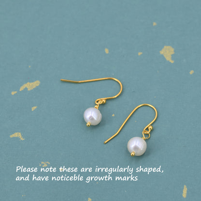 Natural Freshwater Pearl Drop Hook Earrings in Sterling Silver, Silver or Gold, 6mm Irregular Shaped Round Pearl Earrings, Minimalist