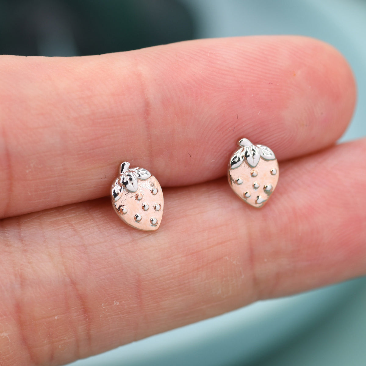 Strawberry Stud Earrings in Sterling Silver, Silver and Rose Gold Two Tone Earrings, Fruit Earrings, Summer Earrings
