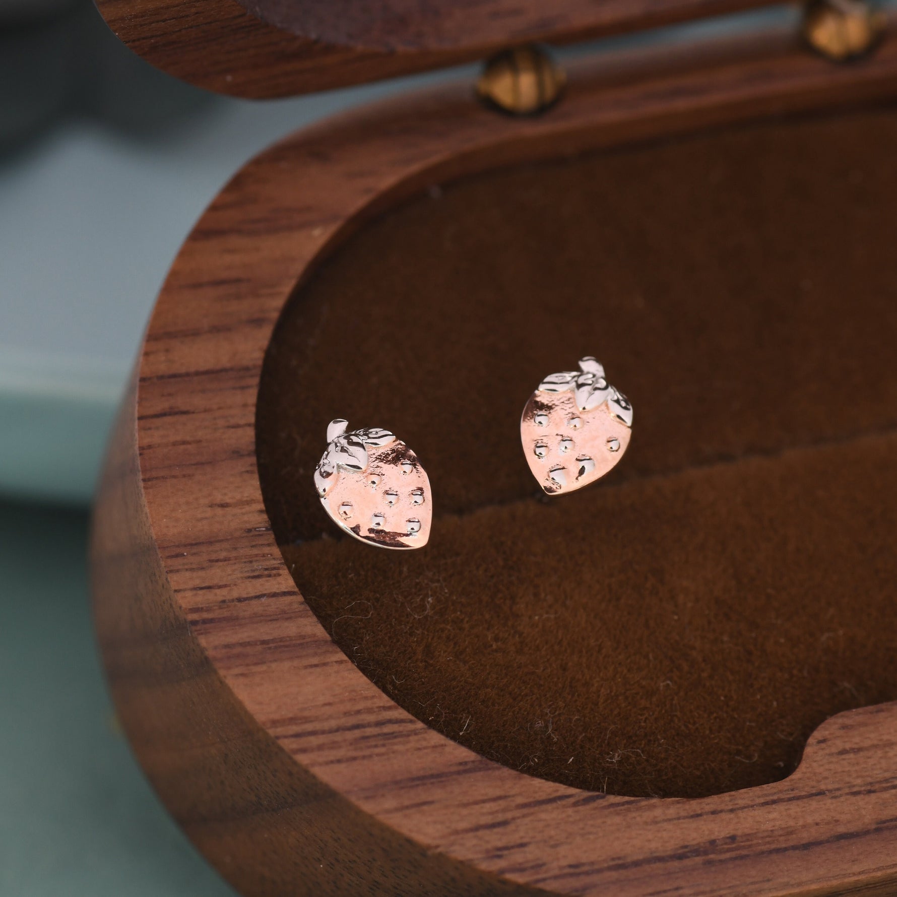 Strawberry Stud Earrings in Sterling Silver, Silver and Rose Gold Two Tone Earrings, Fruit Earrings, Summer Earrings