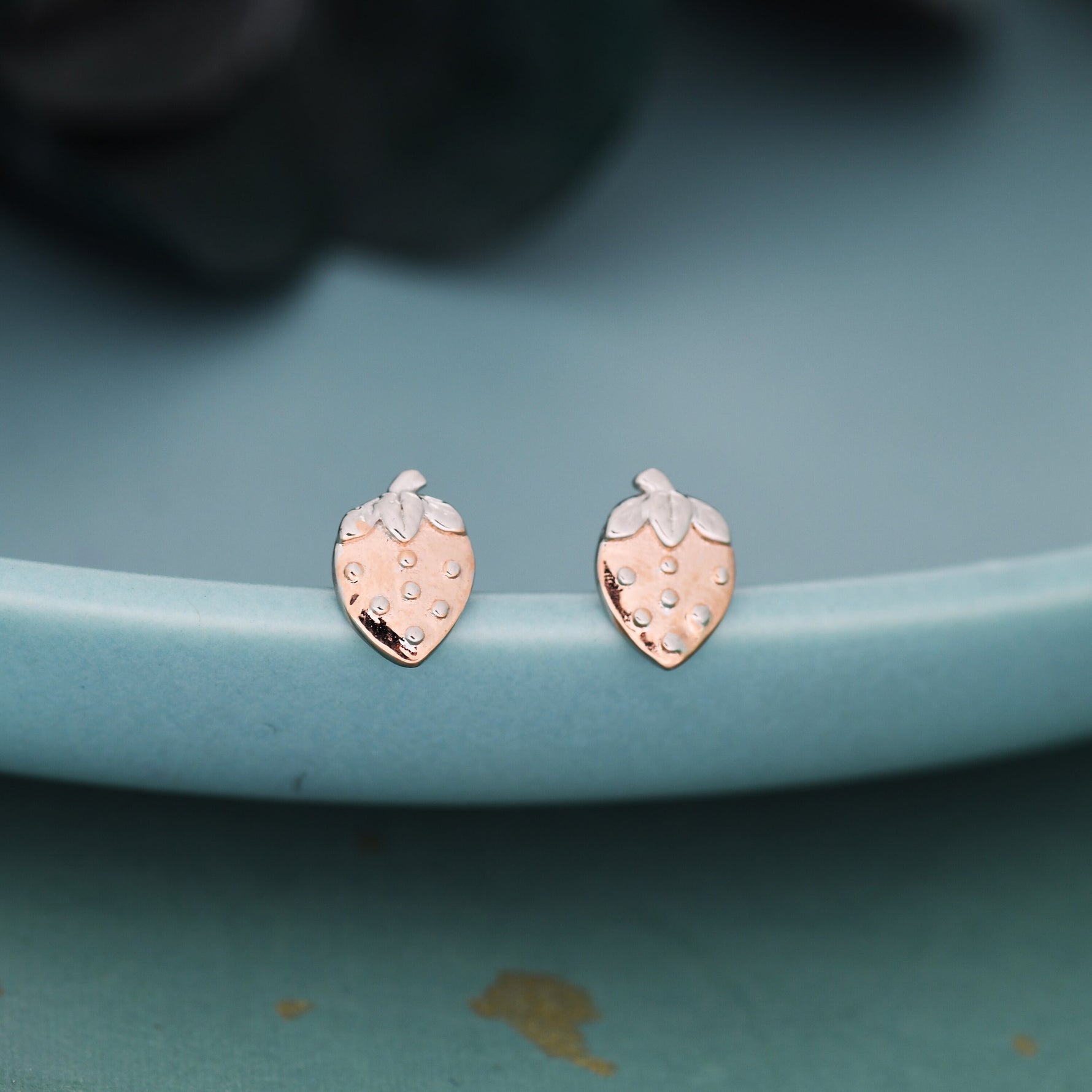 Strawberry Stud Earrings in Sterling Silver, Silver and Rose Gold Two Tone Earrings, Fruit Earrings, Summer Earrings