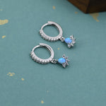 Sterling Silver Opal and CZ Crown Huggie Hoops, CZ Opal Fan Shape Hoop Earrings, Dainty Dangle Earrings, Blue Opal Earrings