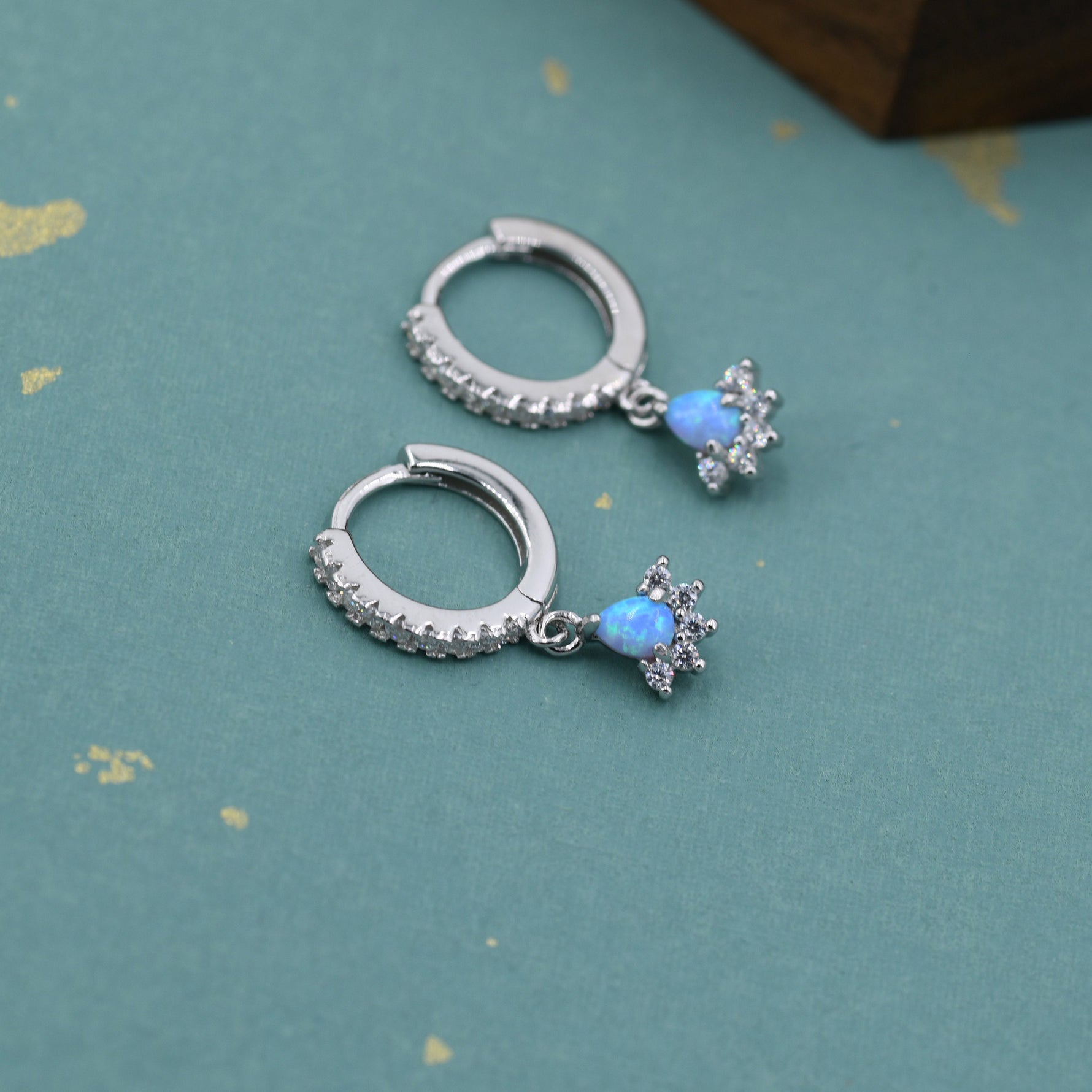 Sterling Silver Opal and CZ Crown Huggie Hoops, CZ Opal Fan Shape Hoop Earrings, Dainty Dangle Earrings, Blue Opal Earrings