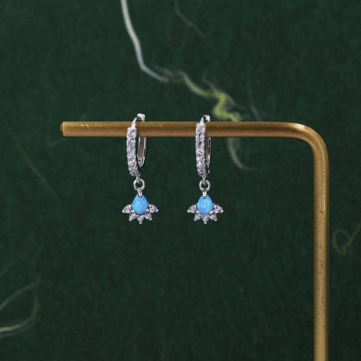 Sterling Silver Opal and CZ Crown Huggie Hoops, CZ Opal Fan Shape Hoop Earrings, Dainty Dangle Earrings, Blue Opal Earrings