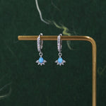 Sterling Silver Opal and CZ Crown Huggie Hoops, CZ Opal Fan Shape Hoop Earrings, Dainty Dangle Earrings, Blue Opal Earrings