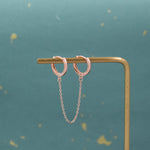 Sterling Silver Double Piercing Huggie Hoop Earrings with Linking Chain, Chained Hoop Earring, Linked Hoops, Double Piercing Hoops